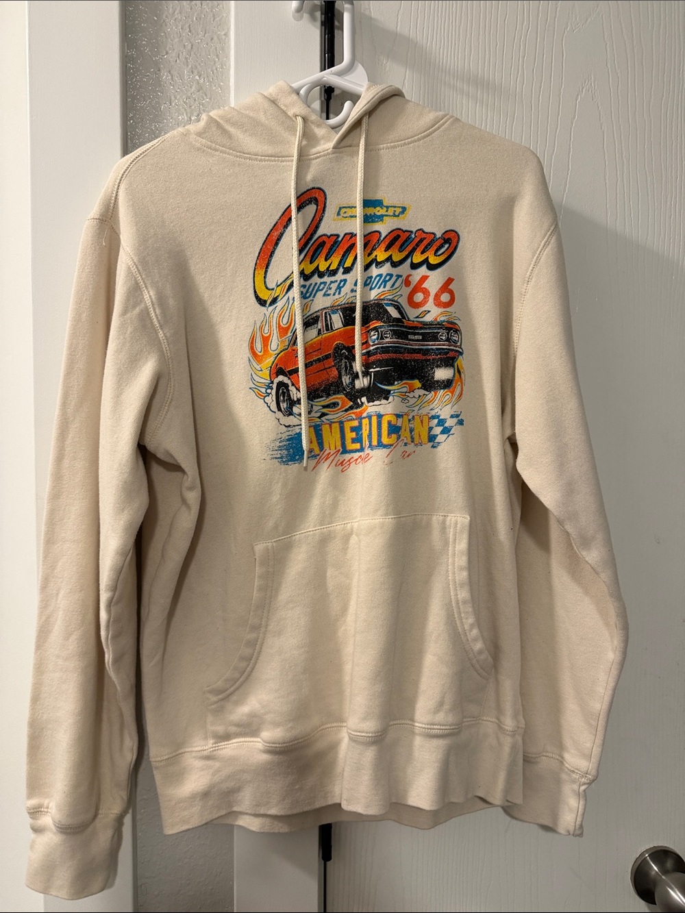 Camaro Graphic Hoodie - Cream Vintage Car Print